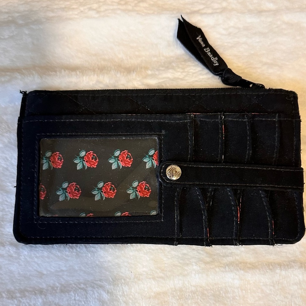 Vera Bradley Black Wallet with Rose Pattern card slots & bill slot